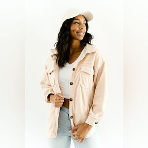 Zenana All About the Fleece Lightweight Button-Down Shacket soft peach small